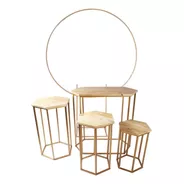 Trio De Mesas Para Festas Com Arco Desmontavel Cor Dourado
